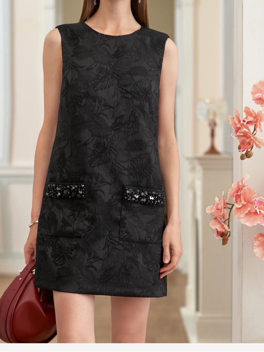 Sleeveless Black Jacquard Shift Dress with Embellished Pockets